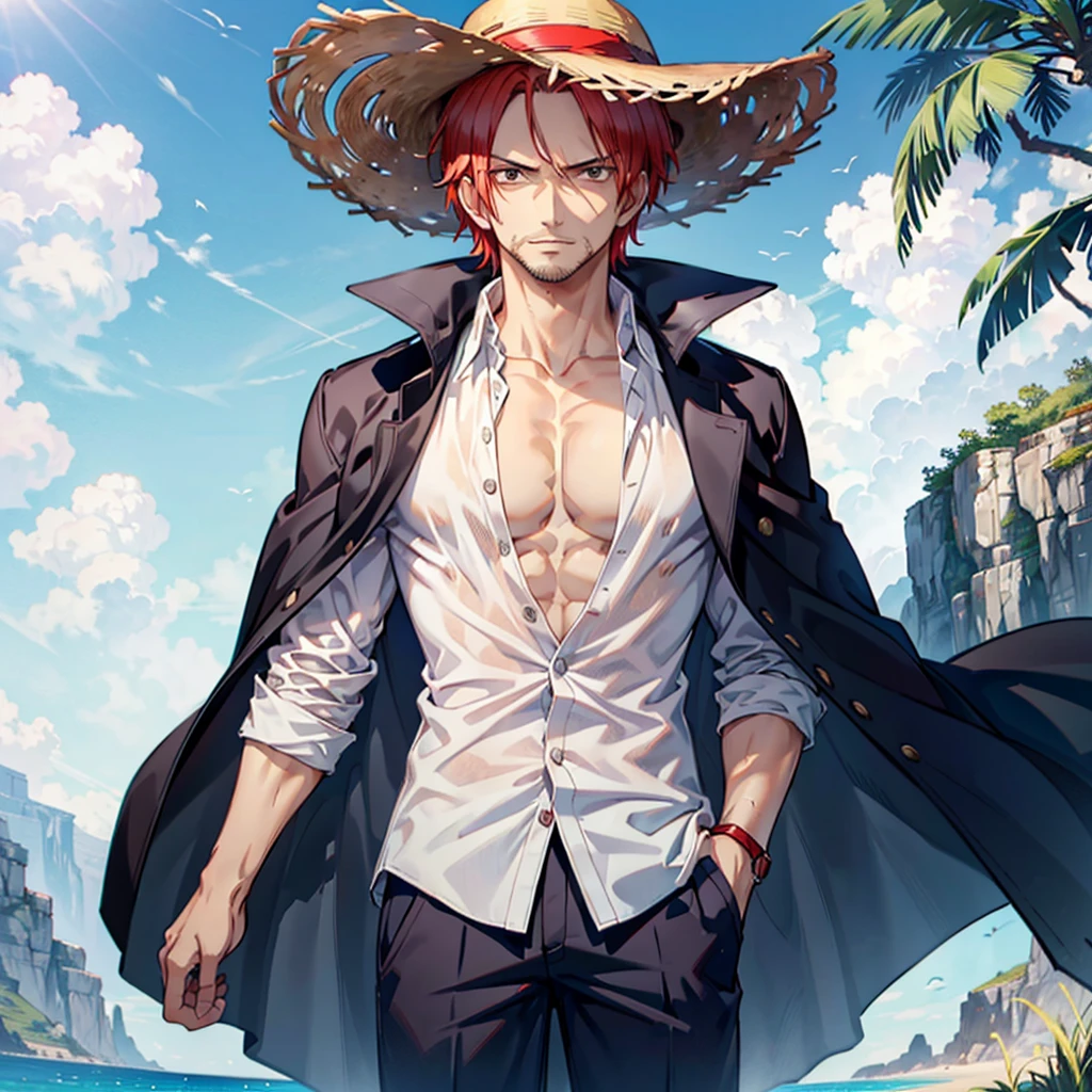 vector art, clear and crisp, (masterpiece, best quality), intricate details,
1boy, man, red hair, straw hat, Shnks, shanks \(one piece\), scar on face, short hair, shirt, white shirt, male focus, open clothes, collared shirt, pants, cape, coat, open shirt, facial hair, scar, sandals, pectorals, partially unbuttoned, pectoral , coat on shoulders, nature, scenery, upper body, straw hat,