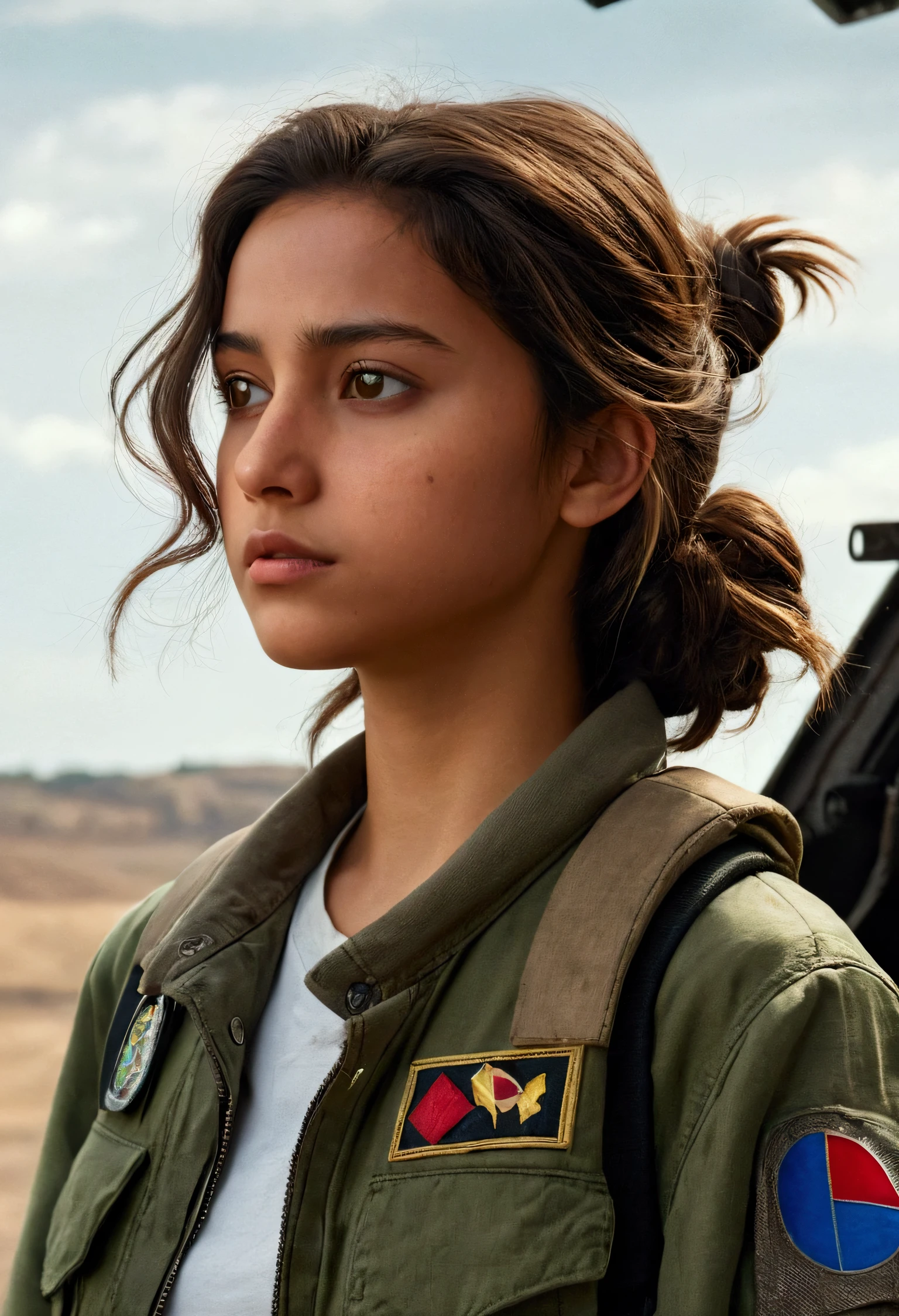 ((best quality)), ((masterpiece)), (detaile), A teenage girl with brown hair that reaches just above her shoulders | brown eyes with almond shapes, She is Latina and has tanned skin | his clothes are typical of clothes worn by young people in dystopian universes, a dirty and slightly torn jacket; a pair of green cargo pants too suha| She wears half of her hair in a low bun and the other large half is loose at the back of her neck.. She is tired, with a neutral expression looking towards something like fire. She's in a helicopter and it's very windy.