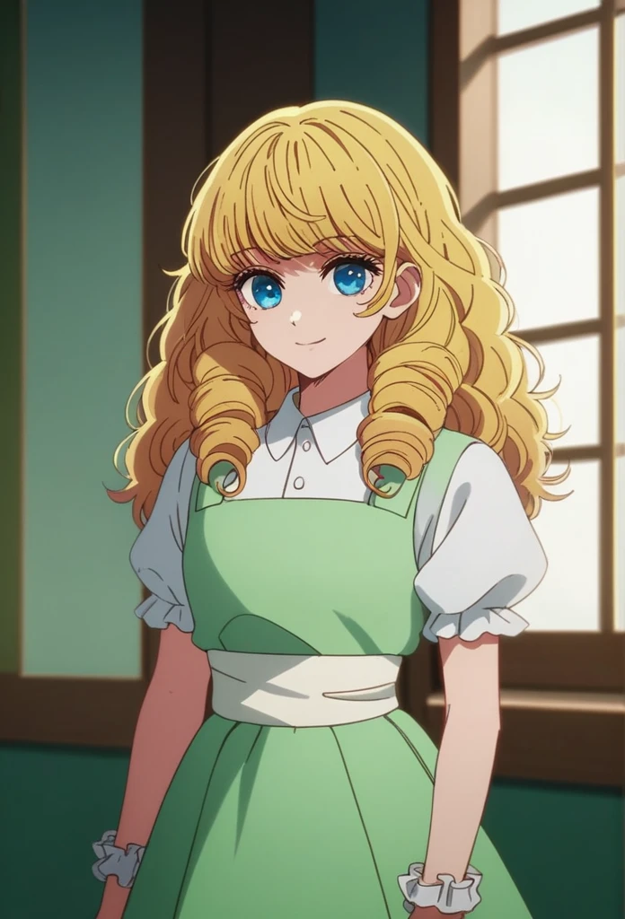 oshi_no_ko_style,blonde curls,sidecurls,fluffy fringe bangs,blue eyes,long eyelashes,cowboyshot,standing,,soft smile,long hair,masterpiece,highres,absurdres,(white puffy short sleeves),collared blouse,solo,frilled cuffs,,teen,(light blue pinafore dress),frilled wristgloves,frilled sweatheart neckline,white sash around the waist,peter pan collar,side curls,princess curls,puffy skirt ended in a frilled white hemline