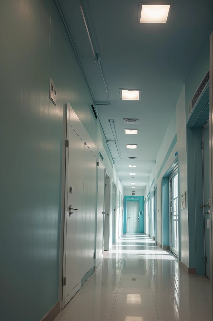 photo of a hospital corridor painted with geometric designs on the walls in shades of blue and water green, wall on light gray background, clean design with cleaner designs without visual pollution, make the ceiling smooth white, smooth gray flooring with softer tones