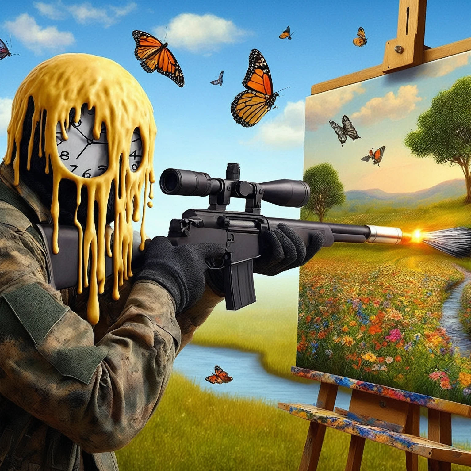 painting of a man with a brush and a rifle in front of a painting of a butterfly, realism in style of fornite game, painting comes to life, an Epic painting of an artist, realistic fortnite, Epic painting, digitl art masterpiece, digitl art #oneshot game, detailed painting 4k, realist art, highly detailed 4 k art, fps game concept art, Salvador Dalli style