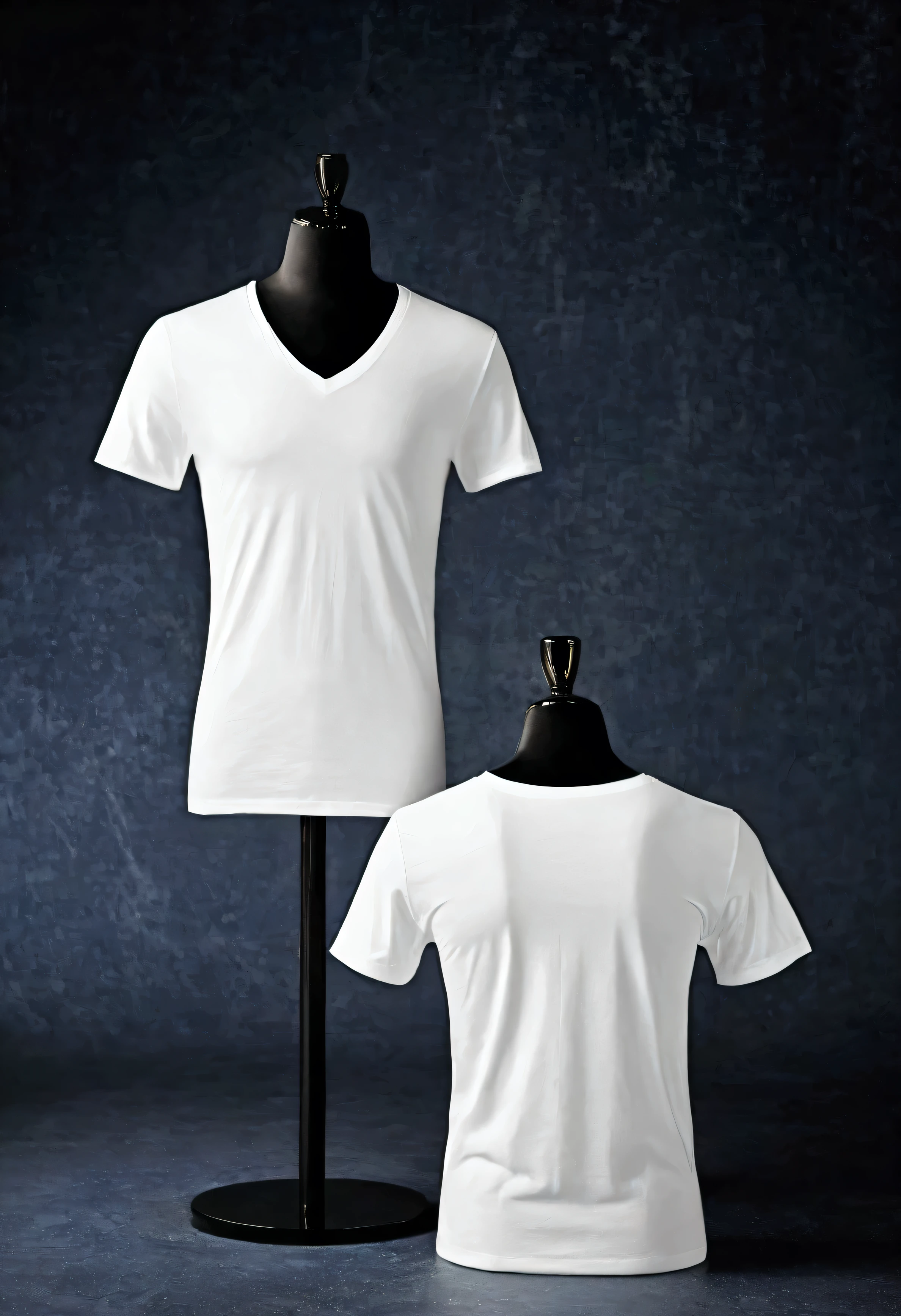 In the center there are two mannequin torsos, each adorned with an impeccable white t-shirt. White Tees modela la vista frontal, its elegant V-neck shape. White Tees looking in the opposite direction, shows off the clean lines and simplicity of the back of the t-shirt