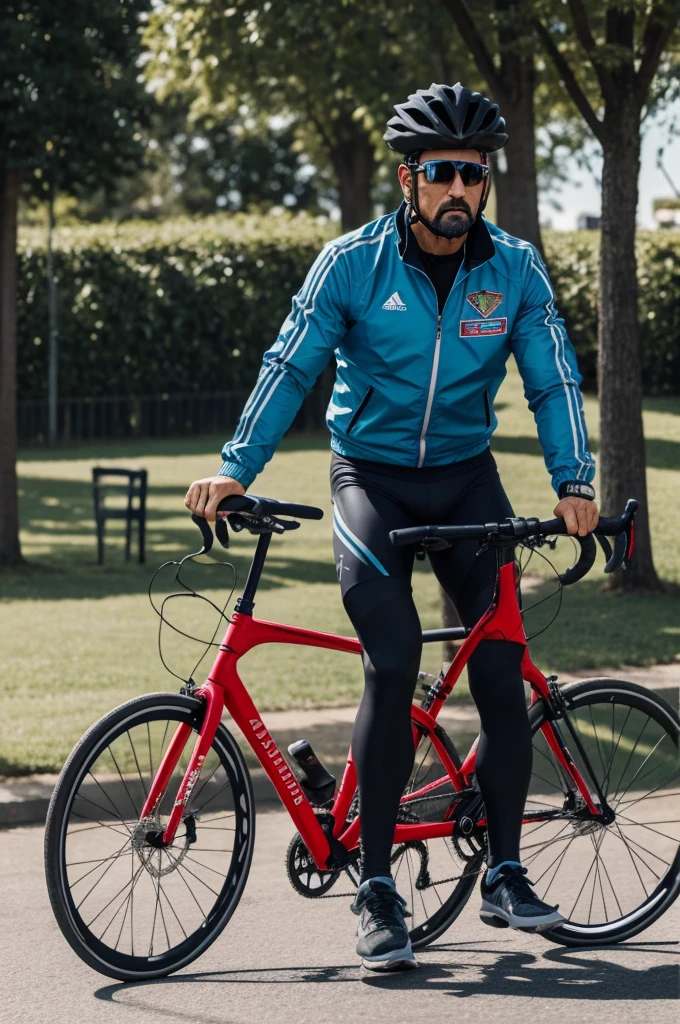 the image of the General. San Martín riding a racing bicycle. That is, on the bottom, sneakers and shorts, the type of leggings that cyclists wear, and on top, with his general jacket and hat.
