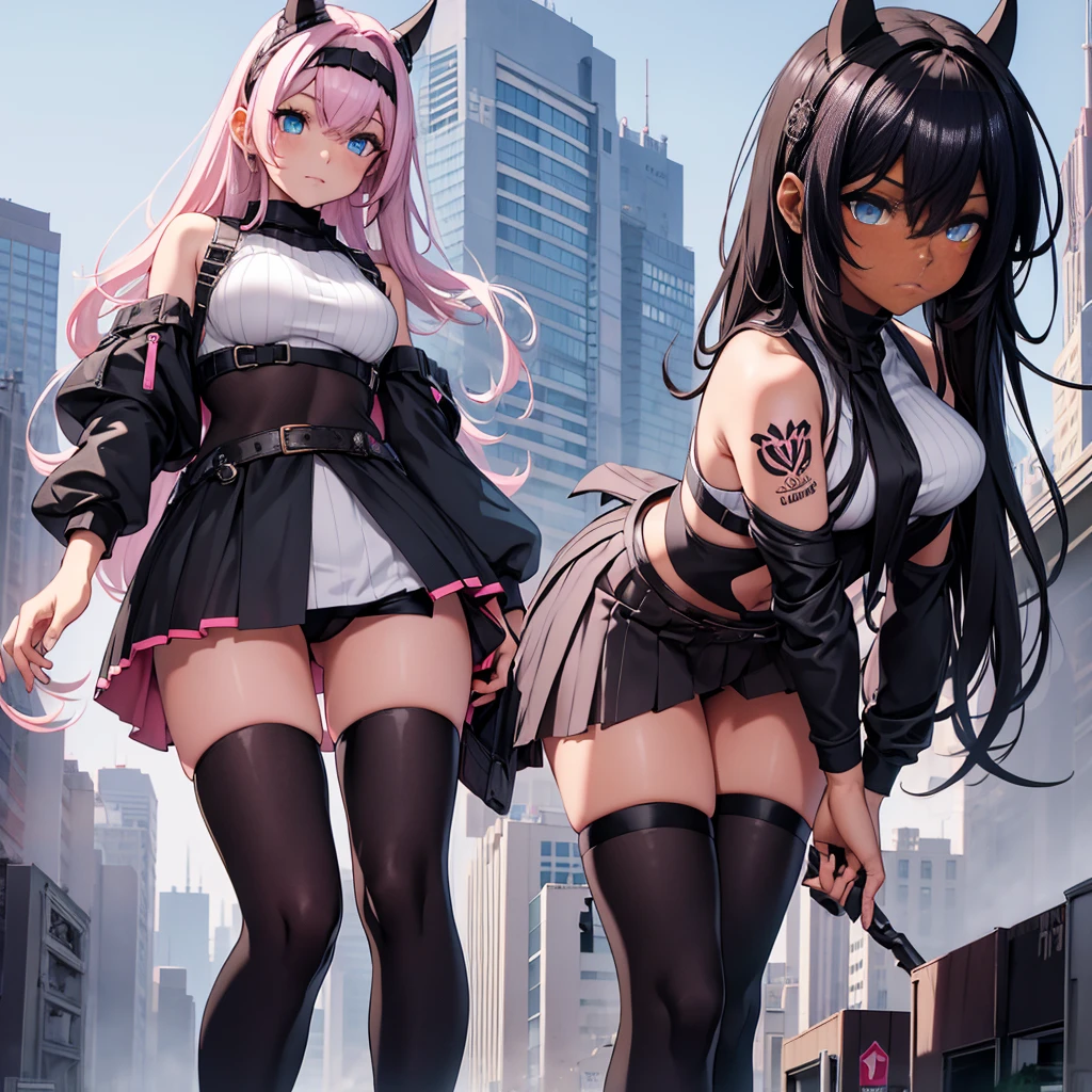 striped_thighhighs,pink thighshighs,gratebelt,croptop sweater,long slevees,mirco skirt,gothdemon horn headband,pastle colors,asymmetrical socks,long hair,  GtsGiga,pink stompters(boots),womb tattoo, Gtscity,cityscape,mature lady,meduim bosom,blue eyes,dark skin dark skinned female,rose gold eye,heterochromia, alethlic,smug,solo,1girl