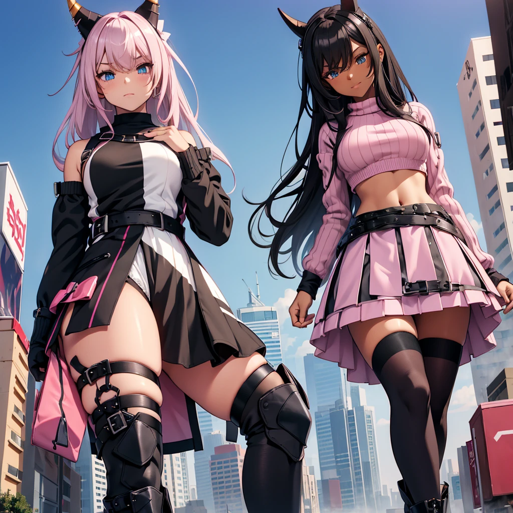 striped_thighhighs,pink thighshighs,gratebelt,croptop sweater,long slevees,mirco skirt,gothdemon horn headband,pastle colors,asymmetrical socks,long hair, GtsGiga,pink stompters(boots),womb tattoo, Gtscity,cityscape,mature lady,meduim bosom,blue eyes,dark skin dark skinned female,rose gold eye,heterochromia, alethlic,smug,solo,1girl
