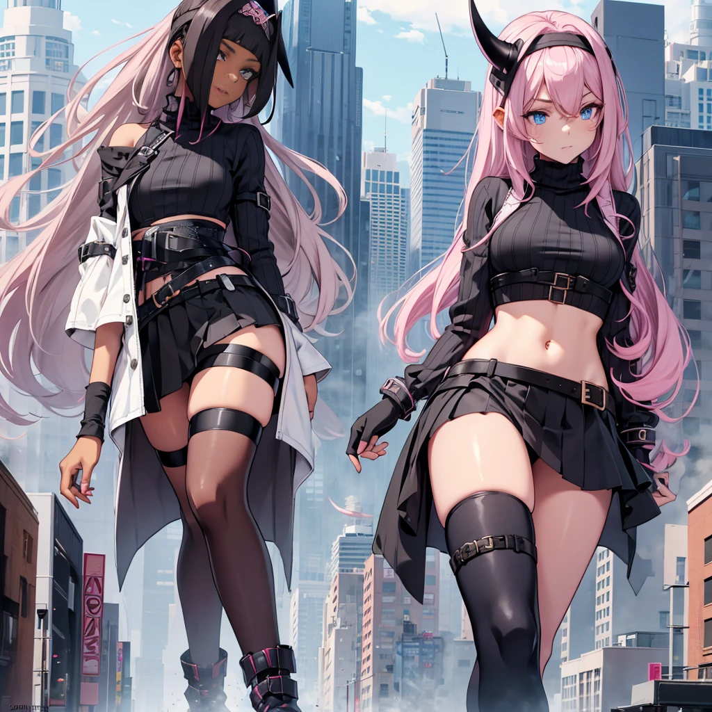 striped_thighhighs,pink thighshighs,gratebelt,croptop sweater,long slevees,mirco skirt,gothdemon horn headband,pastle colors,asymmetrical socks,long hair,  GtsGiga,pink stompters(boots),womb tattoo, Gtscity,cityscape,mature lady,meduim bosom,blue eyes,dark skin dark skinned female,rose gold eye,heterochromia, alethlic,smug,solo,1girl