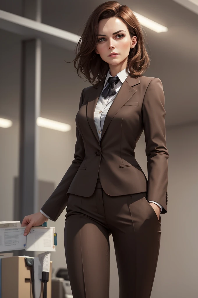 a beautiful woman, 1 girl, medium length brown hair, business suit, detailed facial features, elegant, serious expression, dynamic pose, professional setting, warm lighting, photorealistic, highly detailed, 8k, best quality, masterpiece