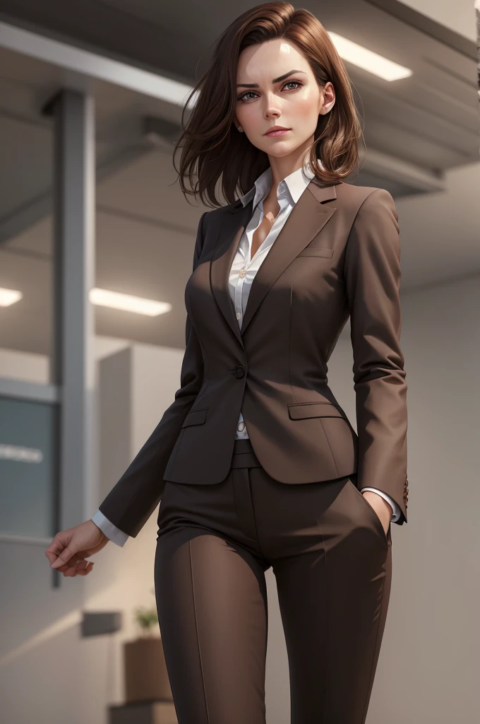 a beautiful woman, 1 girl, medium length brown hair, business suit, detailed facial features, elegant, serious expression, dynamic pose, professional setting, warm lighting, photorealistic, highly detailed, 8k, best quality, masterpiece