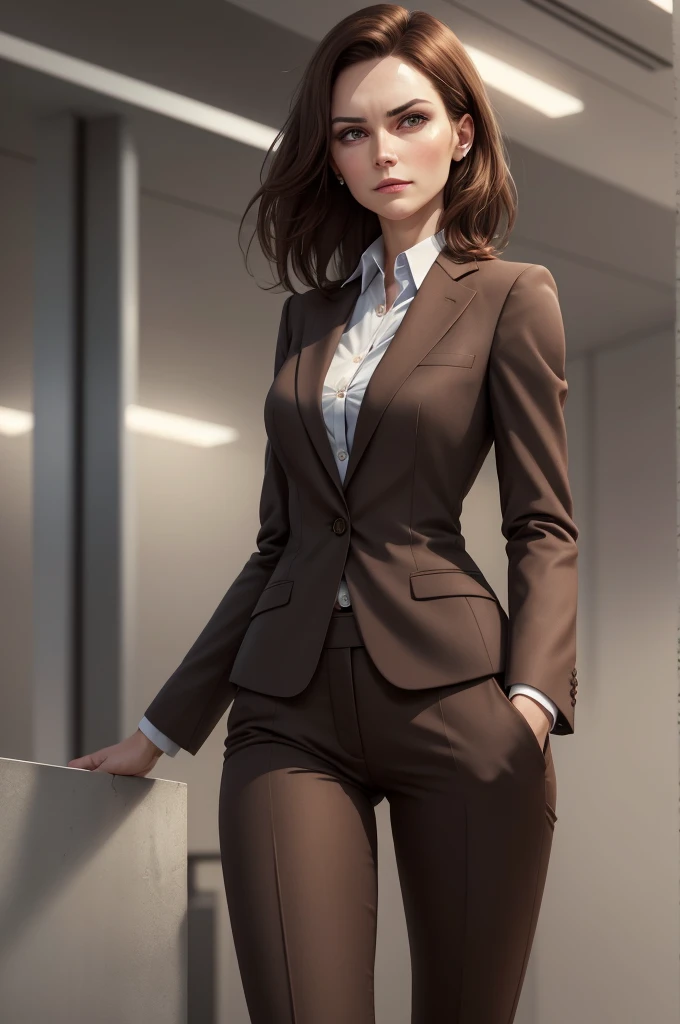 a beautiful woman, 1 girl, medium length brown hair, business suit, detailed facial features, elegant, serious expression, dynamic pose, professional setting, warm lighting, photorealistic, highly detailed, 8k, best quality, masterpiece