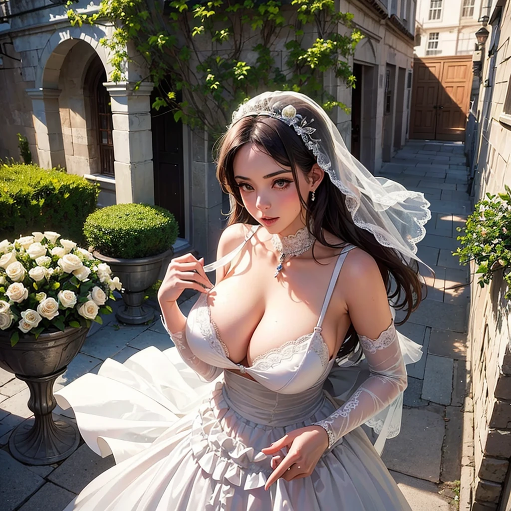Girl with huge breasts with a sensual micro bra dressed as a bride with a long bridal veil and a bouquet in the courtyard of the convent