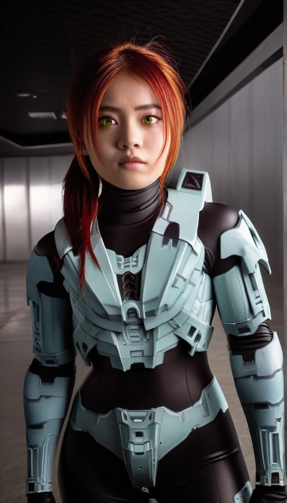 1 Girl、((glowing eyes, red eyes)), Medium Bust、solo、red Hair、Braid、Mobile Race Suit、Shoulder Armor、ceiling、Wide Shot、Looking Ahead、zipup suit 、Closed Mouth、Highest quality、medium quality、22 years old、Mobile Trace System、cockpit、Asian、CyborgCosplay