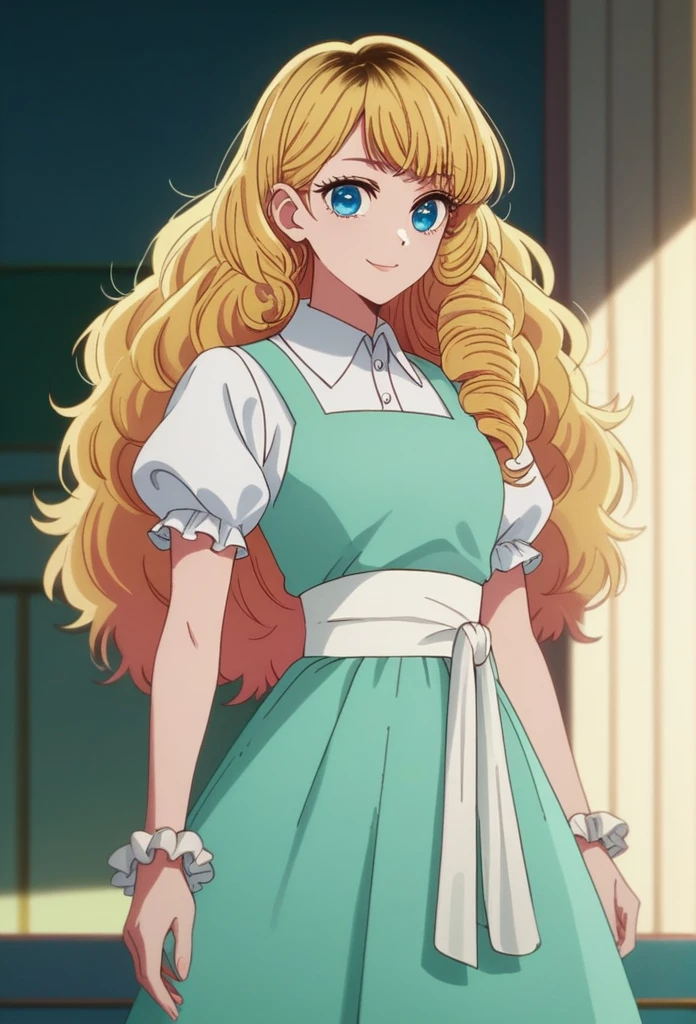 oshi_no_ko_style,blonde curls,sidecurls,fluffy fringe bangs,blue eyes,long eyelashes,cowboyshot,standing,,soft smile,long hair,masterpiece,highres,absurdres,(white puffy short sleeves),collared blouse,solo,frilled cuffs,,teen,(light blue pinafore dress),frilled wristgloves,frilled sweatheart neckline,white sash around the waist,peter pan collar,side curls,princess curls,puffy skirt ended in a frilled white hemline