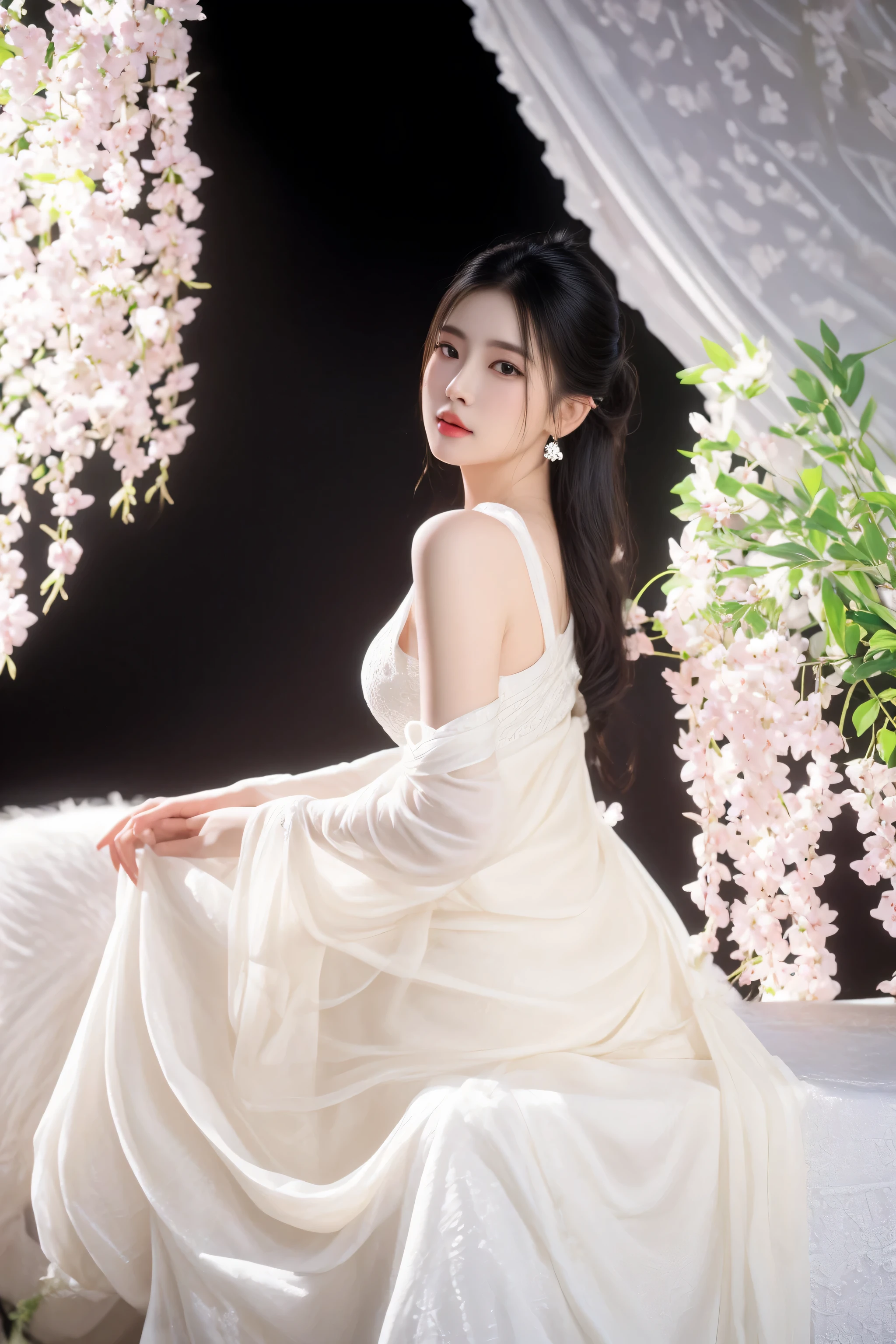 araffe woman in a white dress sitting on a white horse, a beautiful woman in white, ethereal beauty, white hanfu, gorgeous chinese model, inspired by Tang Yifen, inspired by Huang Ji, chinese girl, 中 元 节, palace ， a girl in hanfu, full body xianxia, inspired by Chen Yifei