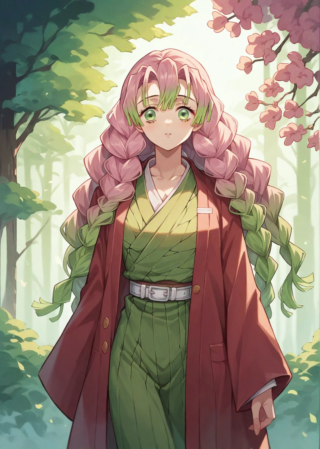 ( The most beautiful masterpiece , Beautiful light , woman ) Kanroji Mitsuri, Kimetsu no Yaiba , green eyes , pink hair green , Single person pic , Light purple yukata , red coat, In the forest , Show the evening sun