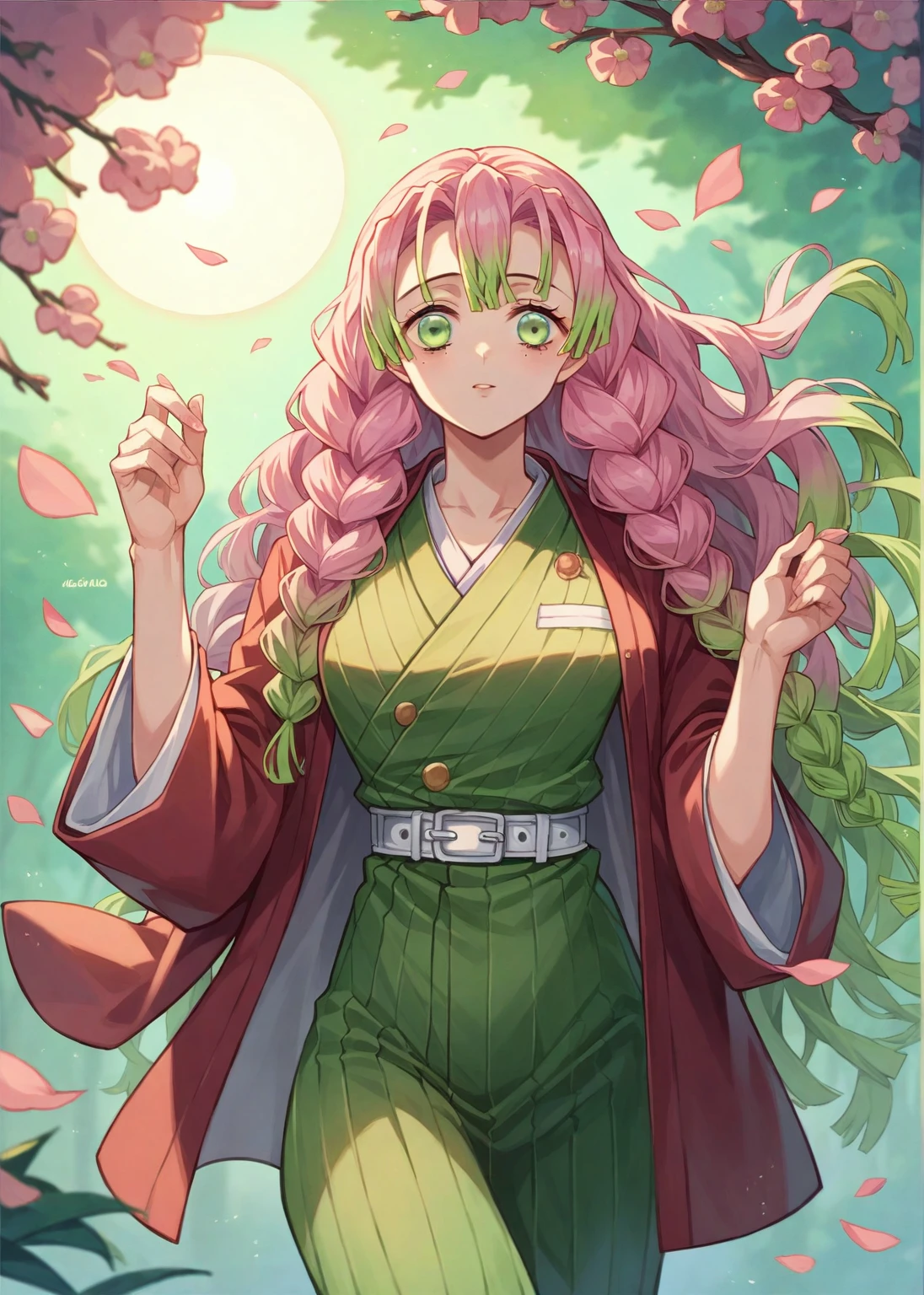 ( The most beautiful masterpiece , Beautiful light , woman ) Kanroji Mitsuri, Kimetsu no Yaiba , green eyes , pink hair green , Single person pic , Light purple yukata , red coat, In the forest , Show the evening sun