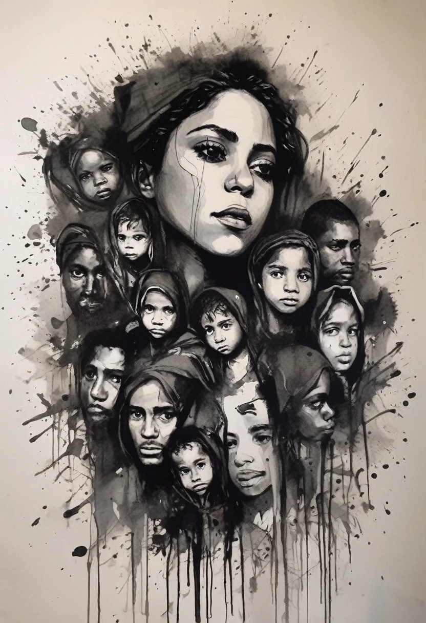 black ink art shkrsblmbrk a group of refugees, man woman and children, human displacement