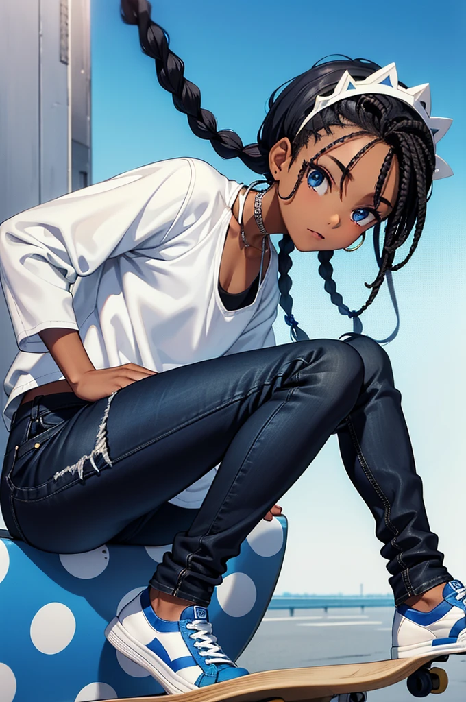 *a black boy riding a skateboard with loose jeans, a white tank top and a blue and white coat with an all star headdress and a dread twist with blue polka dots in my hair*