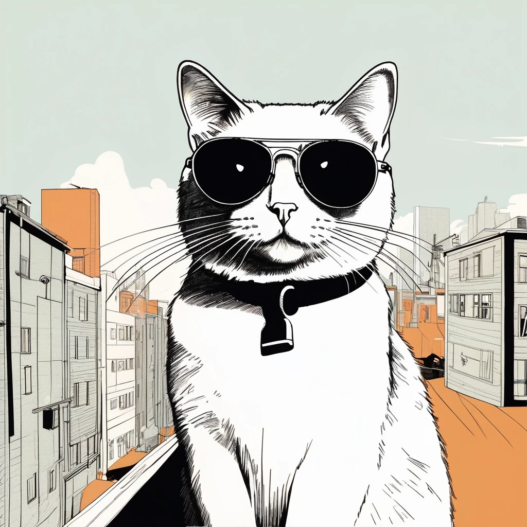 cat-like , sweet,very cute,art by Sophie Roach , art by Jon Klassen , art by Michael Cho , art by Sophie Roach、sunglasses,campimg,smoking,city、スケートボード