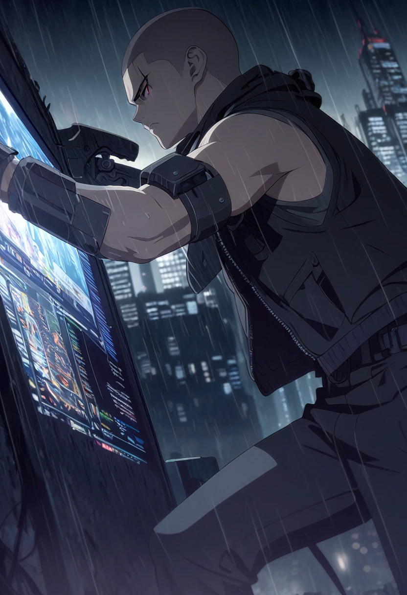 ((Work of art, extremely detailed, looking at screen, dark lighting)), 1 man, 20 years old, buzzcut hair, wearing a black bandana, serious look, in a fighting pose, extremely strong body, wearing a black sleeveless jacket open, mechanical left arm, wide black pants, rainy city scenery in the background.