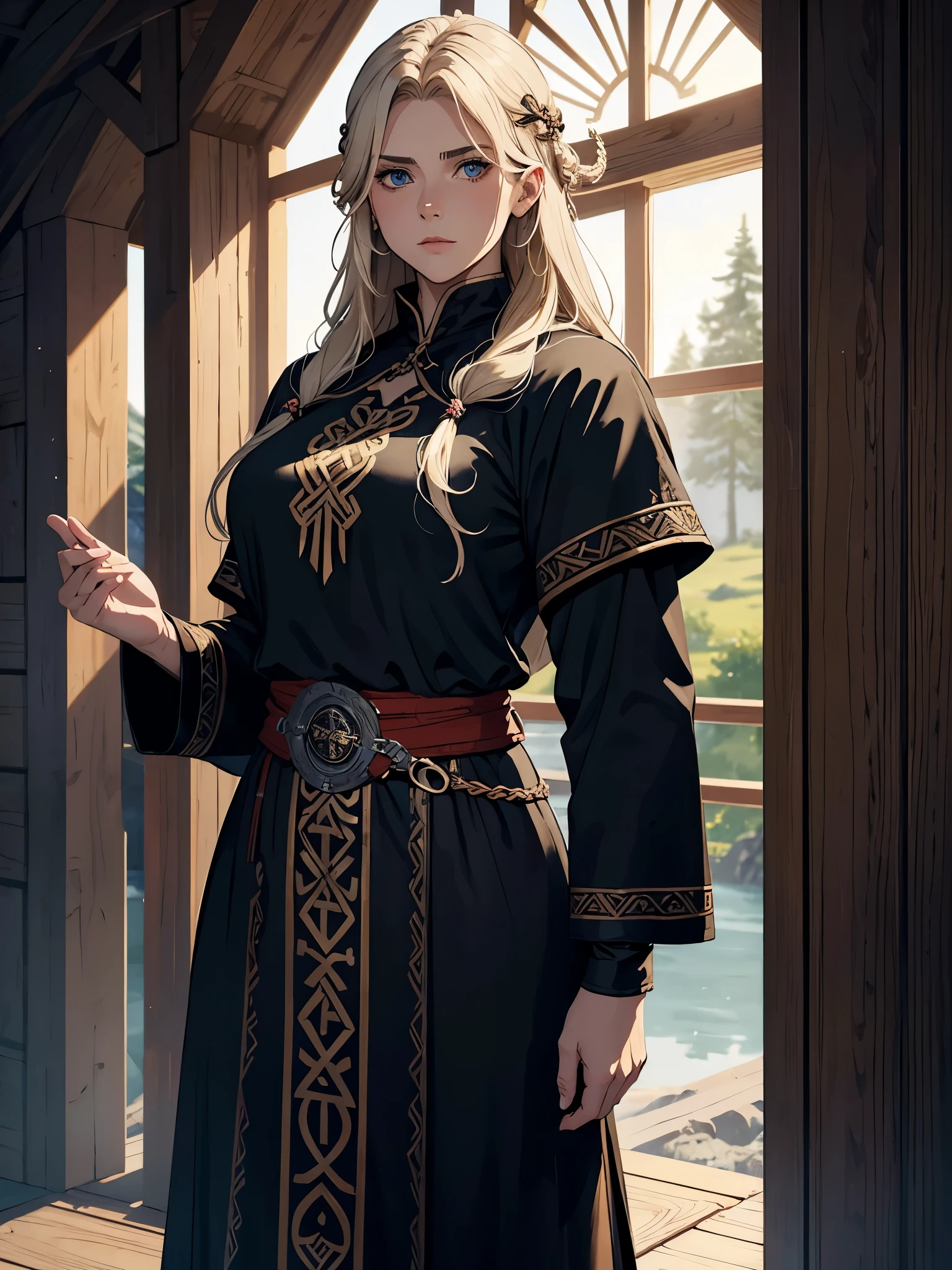 Bauchfrei. woman. Powerful. Viking hair accessories. Vikinger sidecut frisur. Nuskeln Magnificent Robe. Nordic viking woman with ashblonde hair. With löwen.