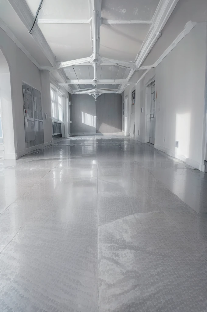 a wide hospital corridor with a white ceiling, Gray floor, half of the wall was white and the other half was painted with geometric designs in the shape of crosses and triangles in soft colors, without relief, in shades of blue and water green, with softer tones, wall on light gray background, clean design with cleaner designs ((((no visual pollution)))), ((((((make the ceiling smooth white, Gray floor liso)))))) in the photo include the pattern of the design used separately for reproduction