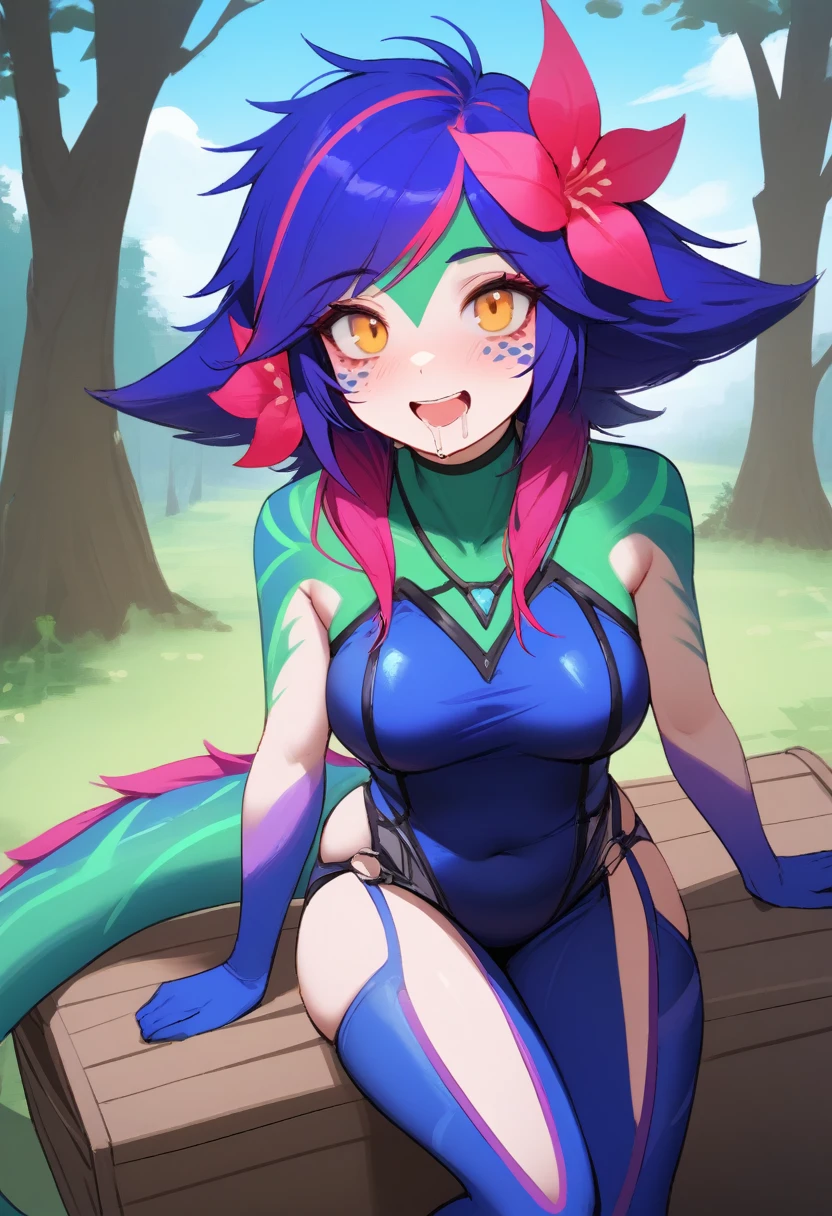 work of art, best qualityer, 1 girl, (realisitic:0.2) Neeko, colored fur, multicolored hair, hair ornament, hair flower, necklase, tummy, lizard tail, facial mark, trunk, woods, looking ahead at viewer, blue sky, incredibly tight outfit, very small clothes, tiny outfit, latex clothing, latex bodycon dress, sexly, orgasm face, orgasm face, drooling, insane sadistic, insane lust, insane pervert, voluptious thighs, coxas sexly, quadril sexly, perverted, goonette, horny drug addict, 