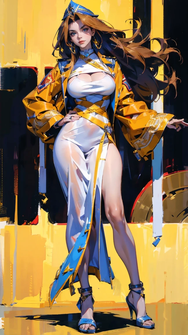 (ultra-detailed, photorealistic, best quality, 4k, 8k, highres, masterpiece:1.3), a stunning Israeli supermodel named Adina Cohen, At the age of 21, she possesses a voluptuous figure that is both athletic and curvaceous, a testament to her rigorous fitness regime, Her hair is a cascade of dark, glossy curls, characteristic of her Middle Eastern heritage, Her eyes are a striking blend of brown and gold, mirroring the desert landscapes of her homeland, Her facial features are sharp yet feminine with high cheekbones, a strong jawline, and full lips, She is dressed in a provocative off-duty IDF uniform, which highlights her supermodel physique and reflects her patriotic spirit, Her posture is poised and confident, perfectly capturing her runway-ready demeanor, Her expression is a mix of fierce determination, a nod to her ambitious spirit, and a warm, inviting smile, reflecting her friendly personality, The scene captures her in a bustling, cosmopolitan setting, a symbol of her thriving modeling career, (intricate detail, super finely detailed hands, ultra finely detailed fingers, full body showcase, show full body),