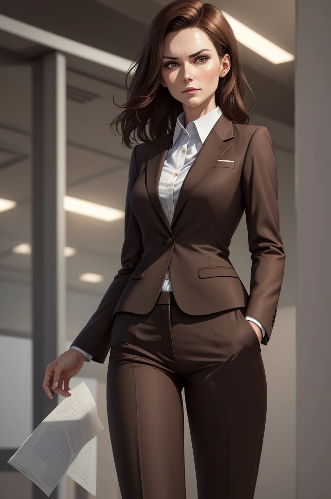 a beautiful woman, 1 girl, medium length brown hair, business suit, detailed facial features, elegant, serious expression, dynamic pose, professional setting, warm lighting, photorealistic, highly detailed, 8k, best quality, masterpiece