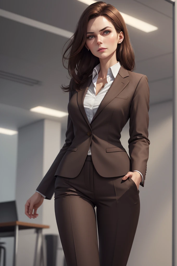 a beautiful woman, 1 girl, medium length brown hair, business suit, detailed facial features, elegant, serious expression, dynamic pose, professional setting, warm lighting, photorealistic, highly detailed, 8k, best quality, masterpiece