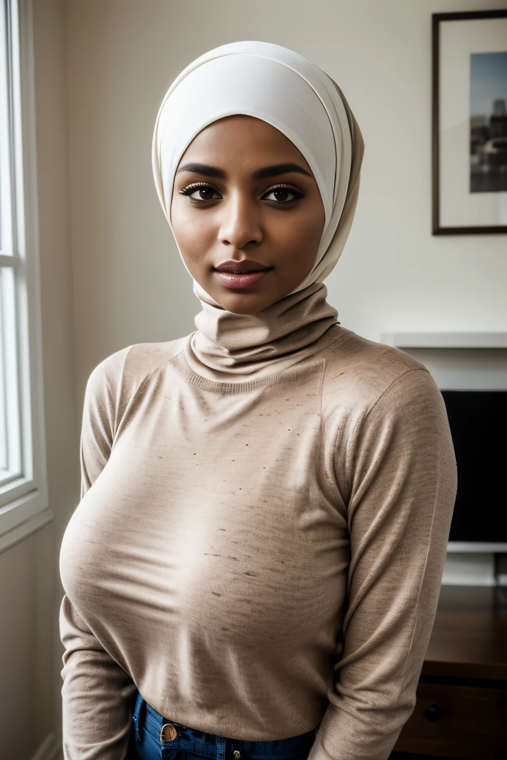 Dark skinned arab female model, 1/2 photograph, at home, natural light, posing for picture, thick lips, bimbo lips, hijab, cotton turtleneck sweater, long sleeves, freckles, huge massive breasts,