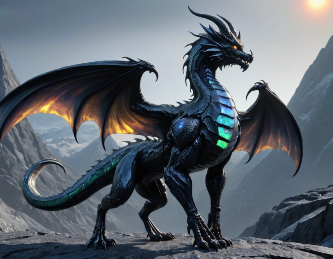 full body portrait of a realistic female obsidian black dragon, black opal wings, symmetrical wings, black opal stomach scales, glowing eyes, huge, long body, four sets of horns of varying sizes curled horns, wolf shaped head, mysterious mountain scenery, full body, cinematic, render, 8k, unreal engine, realistic, masterpiece, high detail, full body, low life, extremely intricate, extreme detail, volumetric lighting