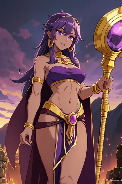 Fantasy style, Fantasy environment, A beautiful young sorceress (1 girl), dark-skinned female, with long purple flowing hair, purple eyes, purple iris, mascaras purple eyeshadow, smile, purple lipstick, skin covered in purple markings, (Wearing: golden headpiece, golden ringed earrings, purple cape, purple strapless top, purple loincloth, pelvic curtain, golden armlets, golden boots), ((Holding a golden staff)), looking mature and alluring at 28 years old, (detailed eyes, detailed lips, extremely detailed face), intricate detailed portrait, photo realistic, 8k, highly detailed, cinematic lighting, warm color palette, castle ruins background, detailed foliage, golden hour lighting, dramatic lighting, dramatic pose, sensual, alluring, captivating gaze, masterpiece, (Night time, ethereal and magical atmosphere, outdoors, dark clouds in the sky, purple lighting, purple and magenta aroura's in the surroundings, gorgeous view of the mountains)
