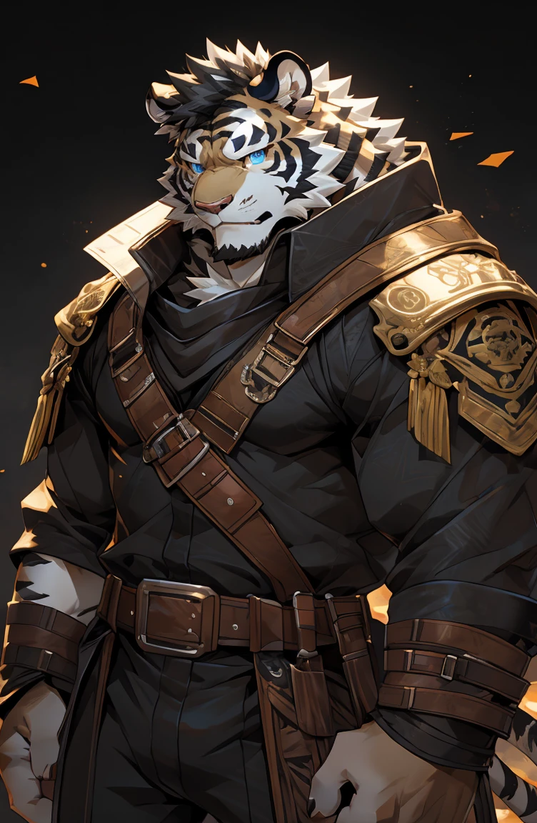 (by sollyz),white tiger,white  body,detail face, detail eyes, detail,male,(naked),pants,furry, short hair,(mercenary)
,blue eyes,black body,black hair,handsome,simple background,
strong,epic,