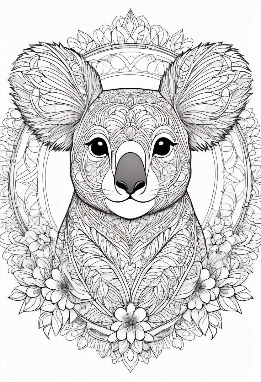A striking black and white line art coloring page designed for adults with white background, featuring a majestic Koala in a mandala-inspired style. The Koala is adorned with intricate patterns that include floral and geometric designs, making it an engaging and detailed work of art. The illustration focuses on crisp, clean lines and bold outlines, without any shading or color, allowing the user to bring their own vibrancy to the piece. The minimalistic design, with its thick lines and absence of background details, creates a soothing coloring experience for adults seeking calming and creative activities. illustration