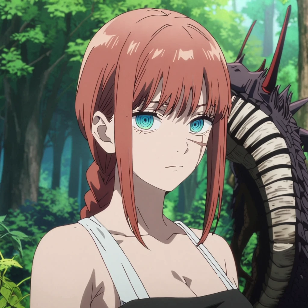 1girl, makima , (makima from Chainsaw man), (anime screen cap), (chainsaw man art style) black_hair, breasts, dress, looking_at_viewer, long_hair, dragon, ringed_eyes, black_dress, cleavage, blue_eyes, bangs, scar, nature, outdoors, tree, solo, upper_body, forest, sleeveless, expressionless, closed_mouth, sleeveless_dress, scar_on_face, bare_shoulders