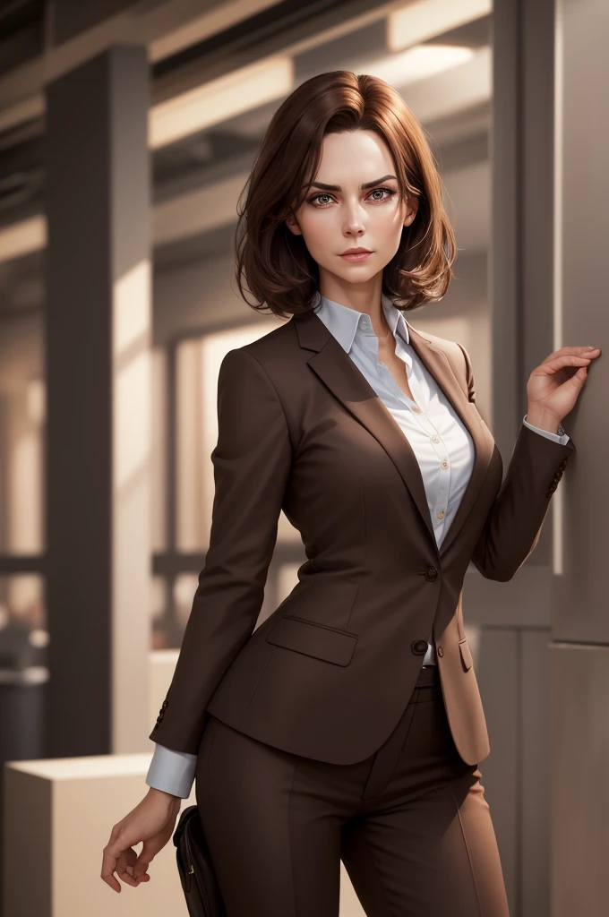 a beautiful woman, 1 girl, medium length brown hair, business suit, detailed facial features, elegant, serious expression, dynamic pose, professional setting, warm lighting, photorealistic, highly detailed, 8k, best quality, masterpiece