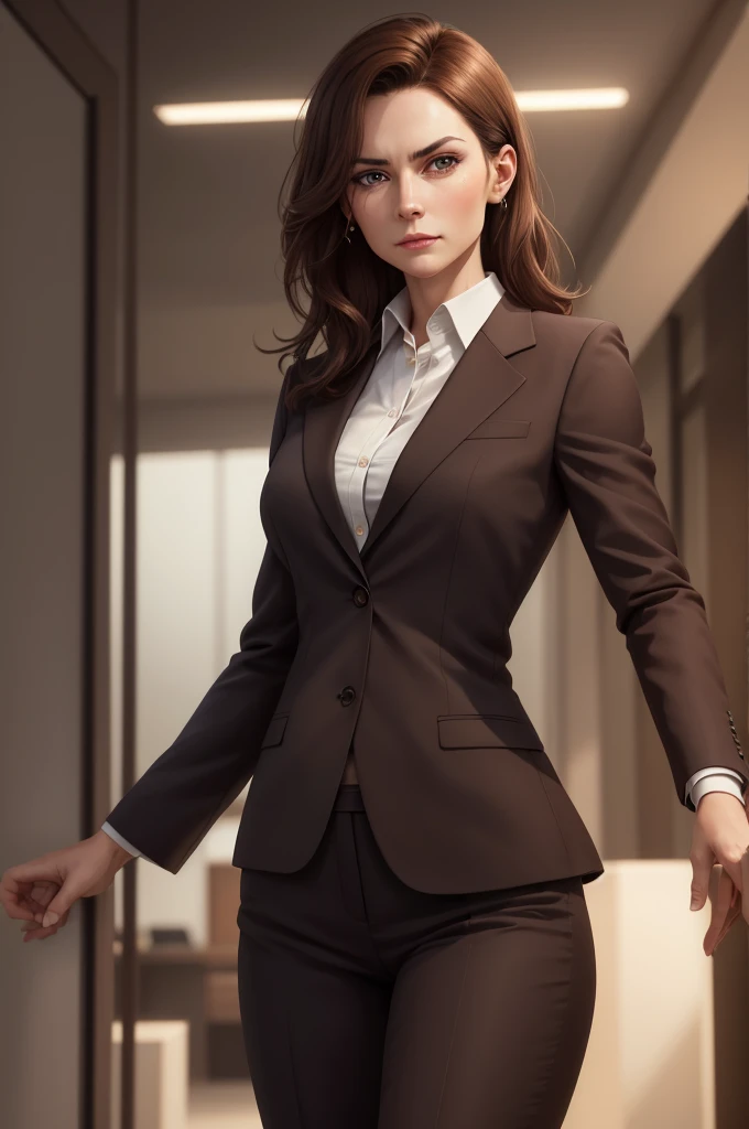 a beautiful woman, 1 girl, medium length brown hair, business suit, detailed facial features, elegant, serious expression, dynamic pose, professional setting, warm lighting, photorealistic, highly detailed, 8k, best quality, masterpiece