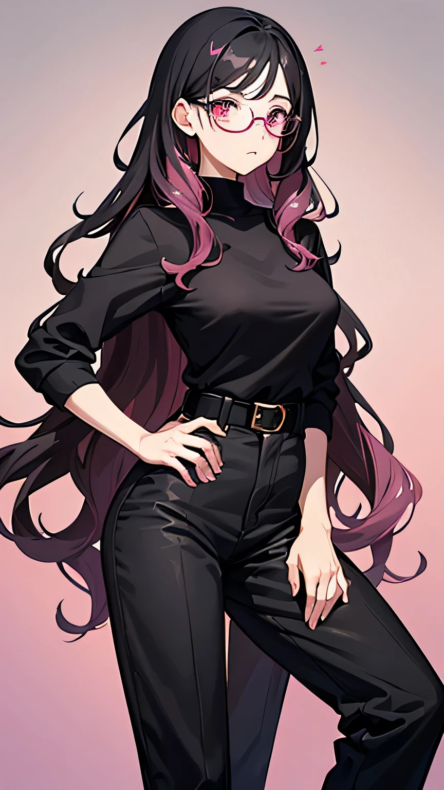 Beautiful Woman, Wavy Black Hair with Pink Highlights, Big Pink Eyes, Round Glasses, Small Nose, Medium Breasts, Black Shirt, Black Pants, Looking Foward, Standing Pose, Neutral Face Expression