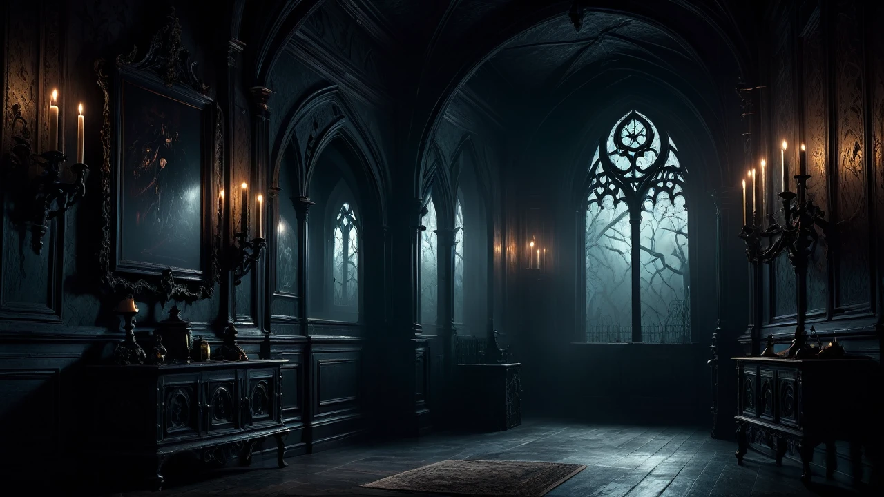 haunting outside atmosphere, chiaroscuro lighting, dark and moody colors, gothic horror, intricate details, cinematic composition, dramatic shadows, photorealistic, 8k, hyper detailed, masterpiece, dark fantasy, moody, atmospheric, dramatic, cinematic composition, realistic textures, highly detailed