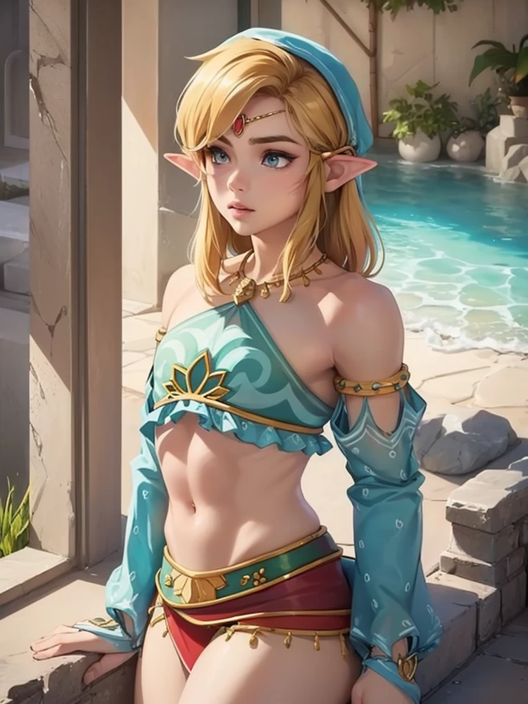 1 boy, solo, 1 boy, solo, solo, masterpiece, best quality, 18 years old, link, elf, tan skin, long blonde hair, blue eyes, eye shadow, lipstick, crop top, mini skirt, thigh highs, hands behind back, small penis,