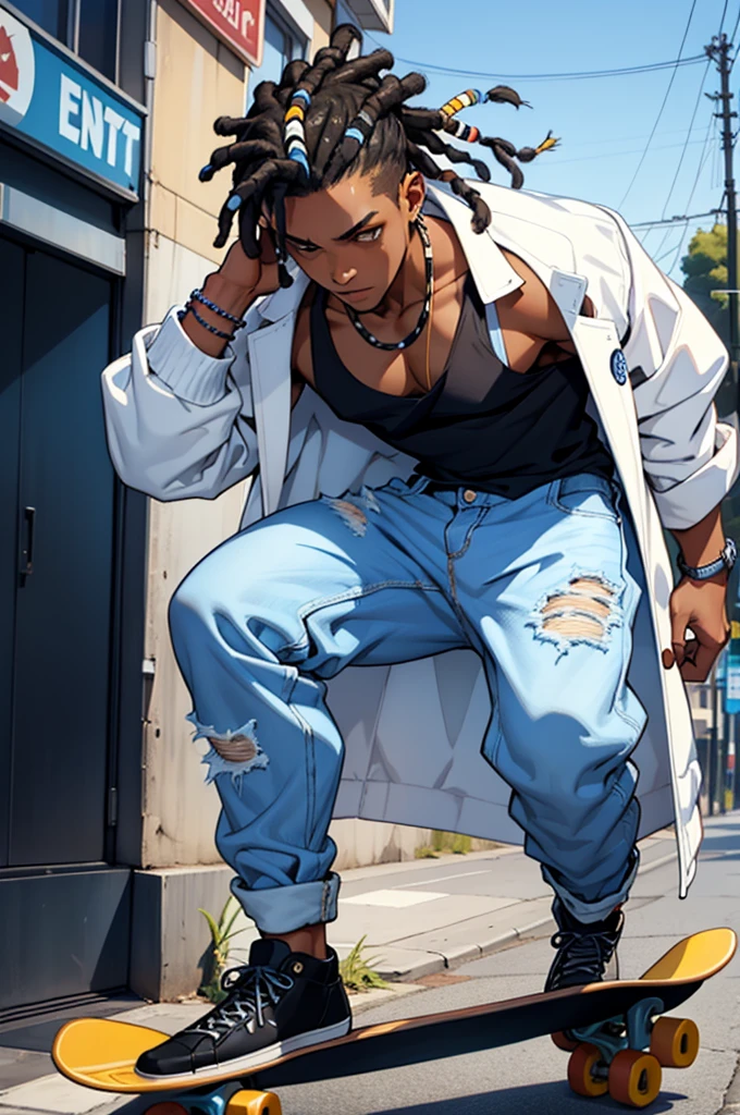 a black boy riding a skateboard wearing loose jeans, a white tank top and a blue and white coat with an all star headdress and a dread twist with blue polka dots in his hair