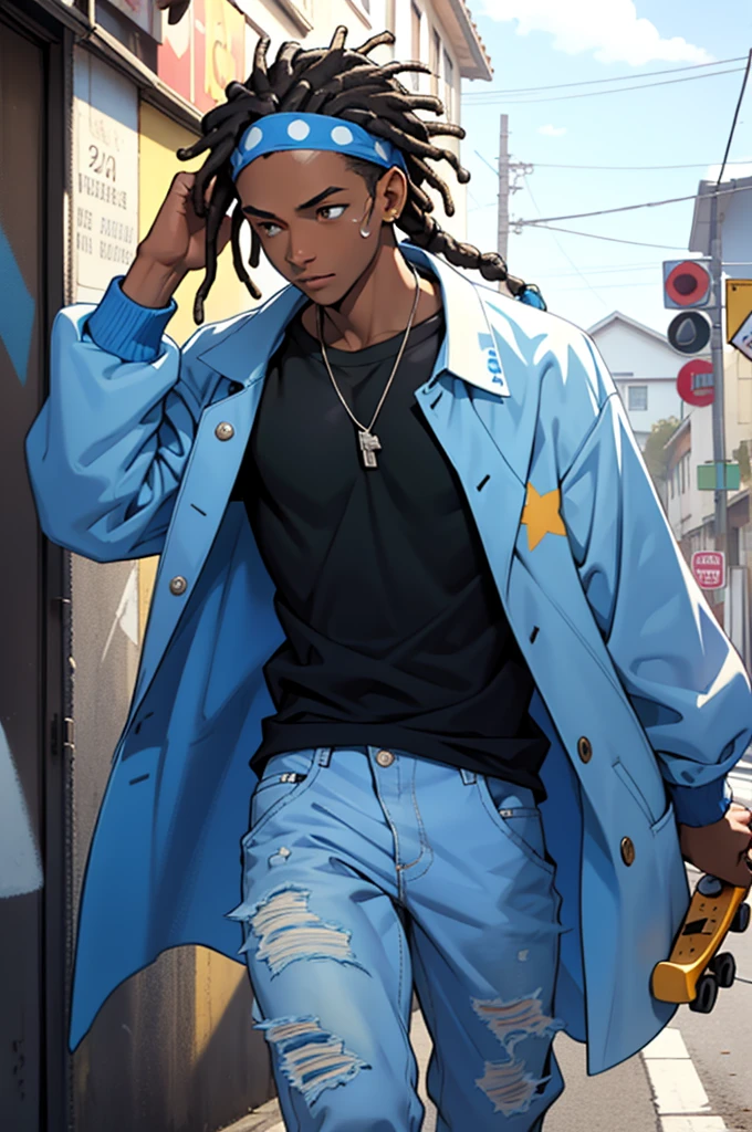 a black boy riding a skateboard wearing loose jeans, a white tank top and a blue and white coat with an all star headdress and a dread twist with blue polka dots in his hair