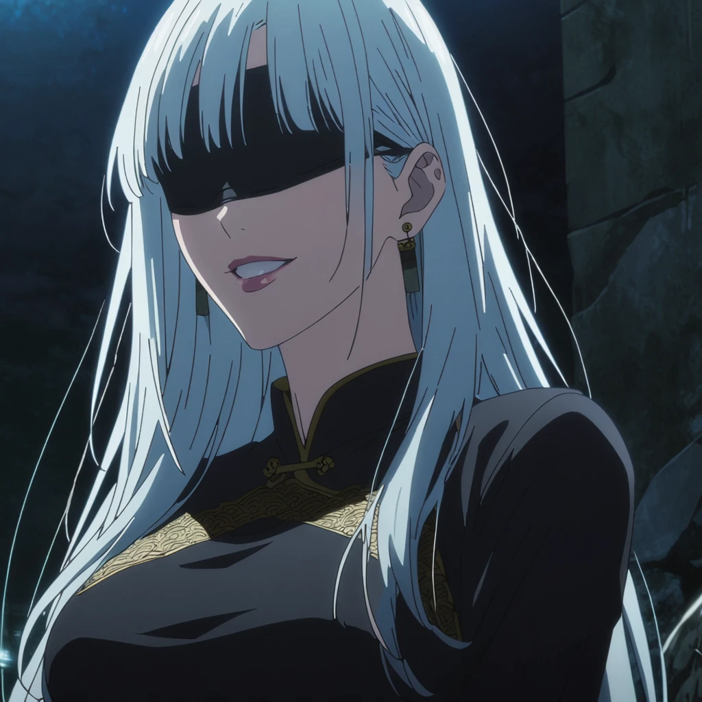 1girl, female gojo satoru, anime screencap from jujutsu kaisen, gojo satoru female version, solo, long_hair, ((wearing black blindfold)) ((high resolution)) ((white_hair)), night view, (hanging breasts)  upper_body, smile, lips, (long hair, side bangs) ((wearing black colour Chinese cheongsam)) breast, "very detailed and high resolution" (black blindfold) ((solo)) (((front view))) (earings) ((high resolution)) ((good quality)) ((silky hair))