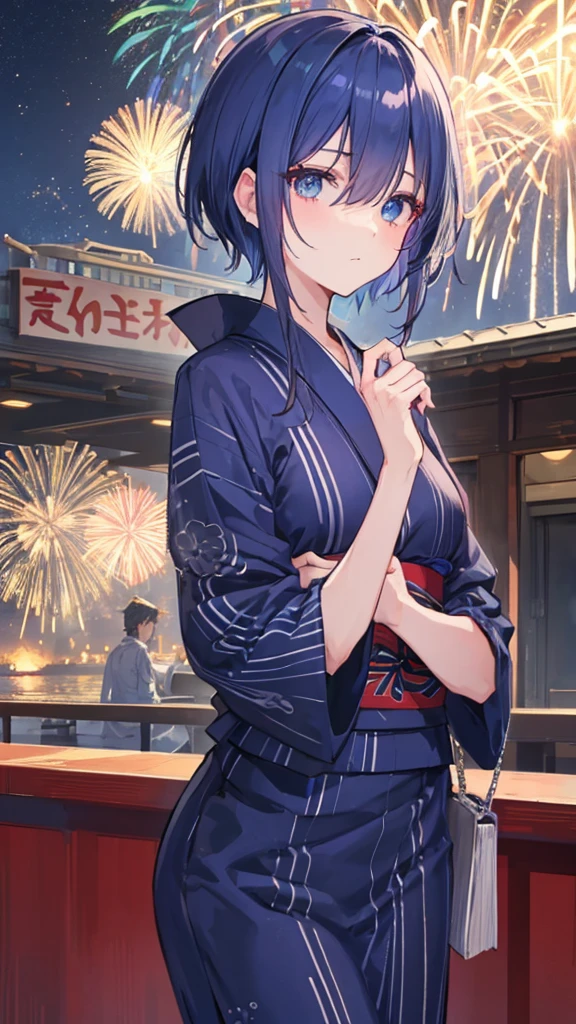 Navy blue hair, navy blue eyes, mash, night, yukata, fireworks, boy