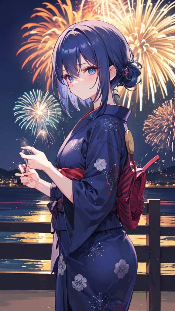 Navy blue hair, navy blue eyes, mash, night, yukata, fireworks, boy