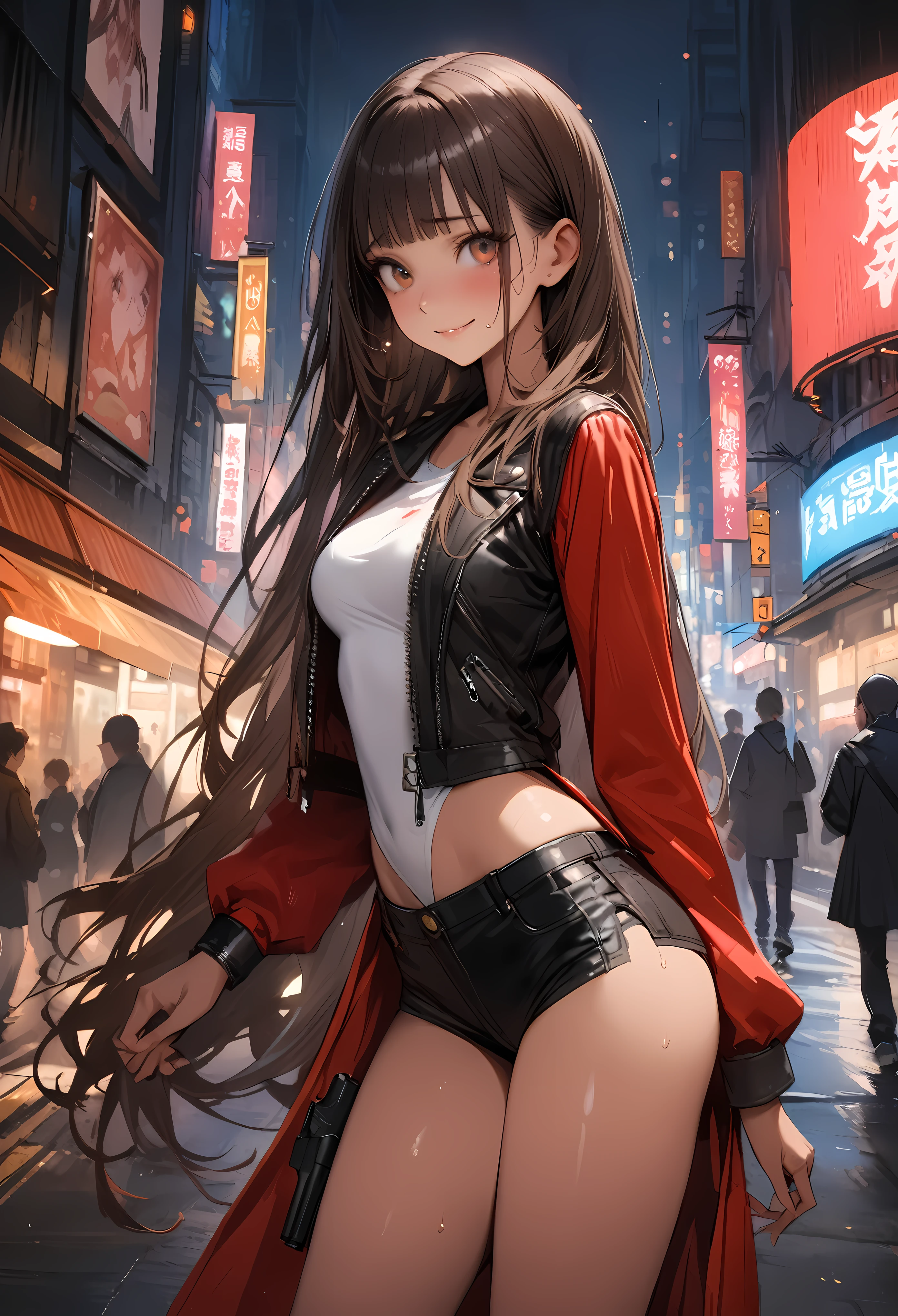 (masterpiece, best quality), intricate details, 8k, artstation, wallpaper, official art, splash art, sharp focus,, 1girl, long hair, twin tails, red eyes, brown hair, , spider swimsuit suit, spider web printing, spider web, , skyscrapers, city, buildings, cars, street, upper body