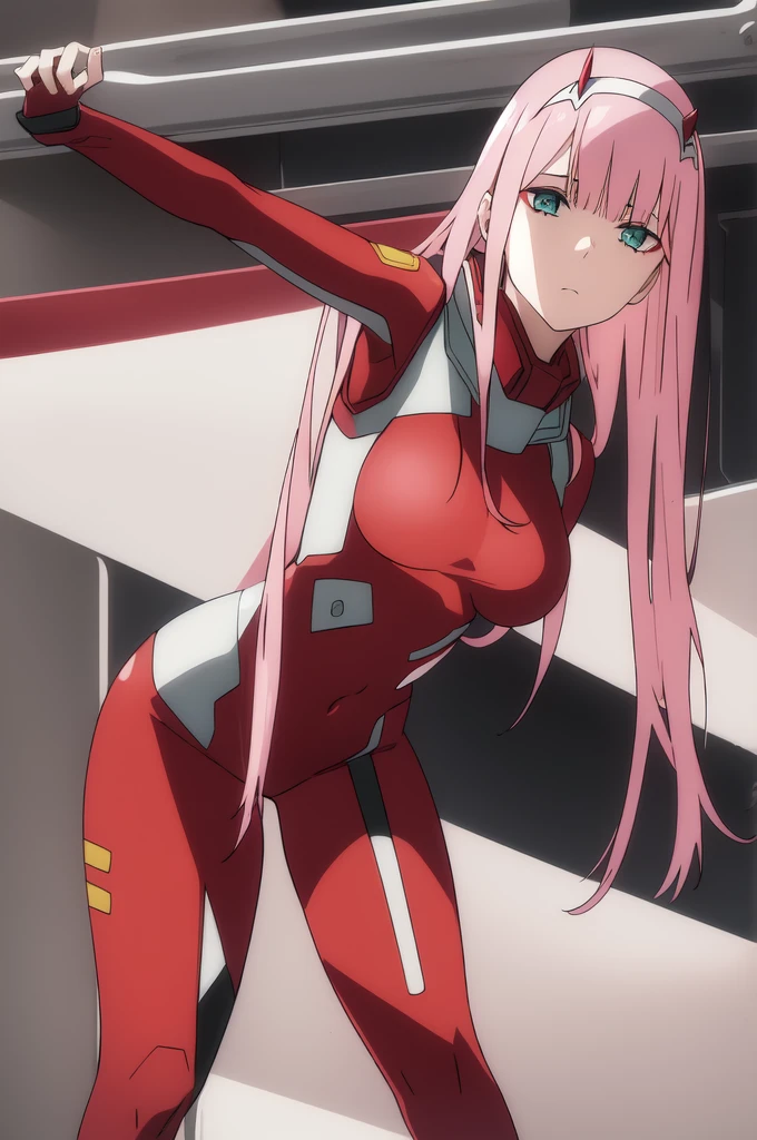 ((best quality)),((highly detailed)),masterpiece,absurdres,detailed face,beautiful face,((detailed eyes, deep eyes)),(1girl),((dynamic pose)), Zero_Two, green eyes, 1girl, solo, red bodysuit, long hair, pilot suit, pink hair, bodysuit, straight hair, hairband, standing, horns, breasts, bangs, closed mouth, looking at viewer, medium breasts, white hairband, skin tight, blunt bangs, makeup, eyeshadow, very long hair, sidelocks, expressionless, hair between eyes, red horns, shiny hair, from behind