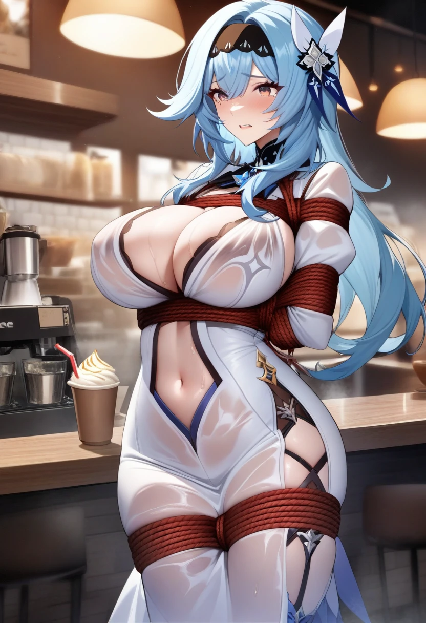 masterpiece, best quality, very aesthetic, absurdres, 1girl, mature_lady,white_dress,wet_clothes,(tortoiseshell bondage, red_rope, hand_behind, roped_body,bound by ropes:1.3) ,tears_in_eyes,,eula_(genshin_impact), genshin_impact, blue_hair, brown_eyes, hair_ornament, hairband, black_hairband, sidelocks, medium_hair, large_breasts,,in a cafe,floating_clothes,