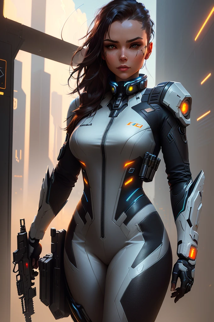 a woman in a futuristic suit holding a gun and a gun, wojtek fus, epic sci - fi character art, epic sci-fi character art, sci-fi female, sci fi female character, cybersuit, cyber suit, smooth digital concept art, inspired by Marek Okon, scifi woman, trendin on artstation, stunning character art