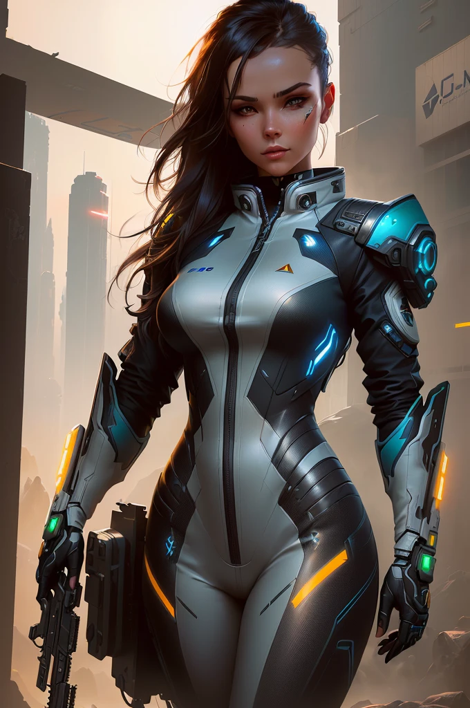 a woman in a futuristic suit holding a gun and a gun, wojtek fus, epic sci - fi character art, epic sci-fi character art, sci-fi female, sci fi female character, cybersuit, cyber suit, smooth digital concept art, inspired by Marek Okon, scifi woman, trendin on artstation, stunning character art